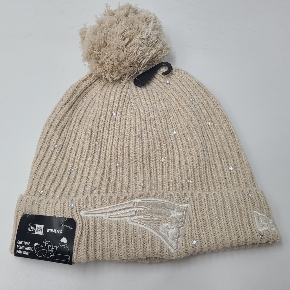 Women New England Patriots Hat Beanie New Era Beige NFL Rhinestone Removable Pom